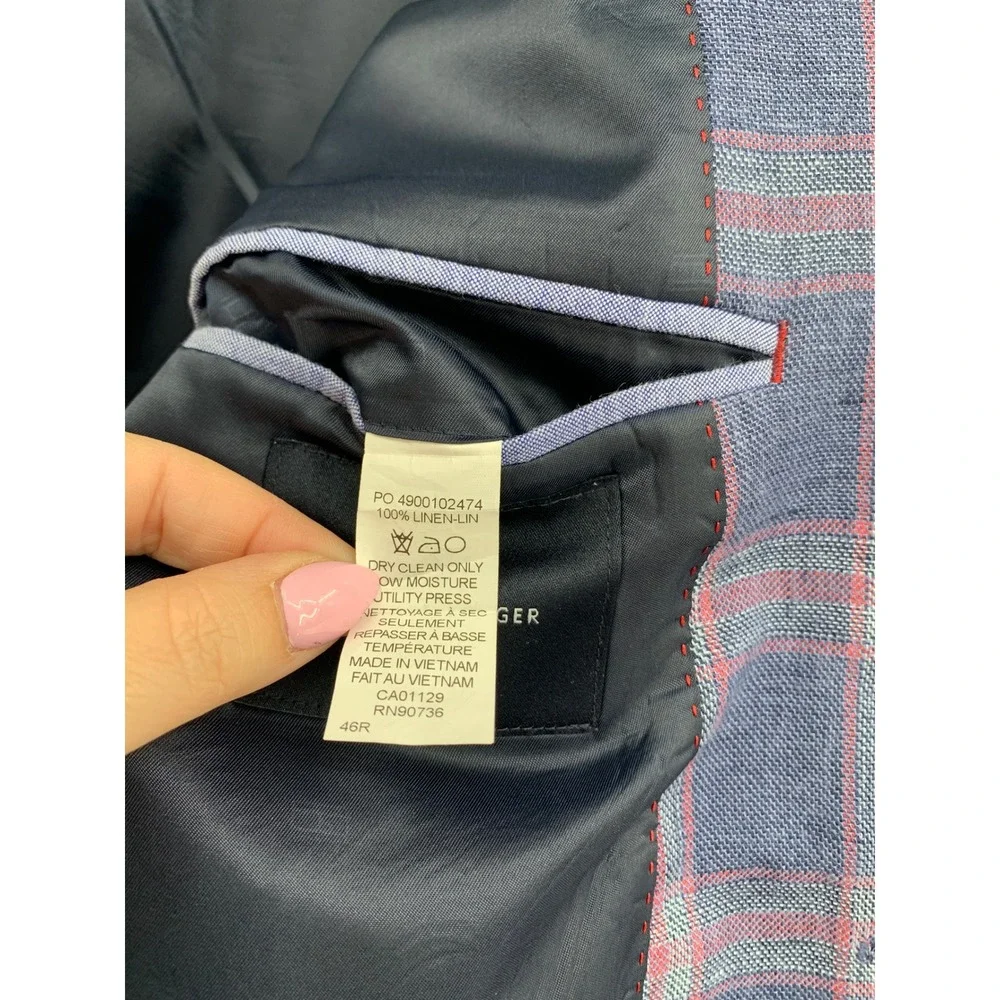 Tommy Hilfiger Blazer Mens 46R Blue Red Plaid 100% Linen Two Button Sport Coat